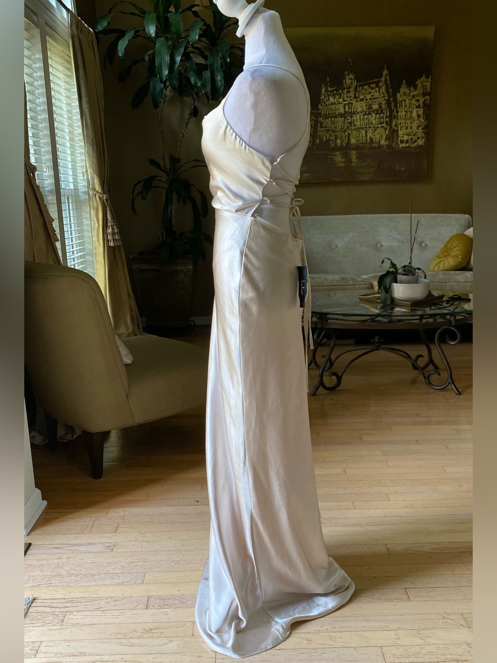 Lulus Inspire Romance Champagne Satin Cowl Neck Lace-Up Maxi Dress Small/ medium - Picture 5 of 16